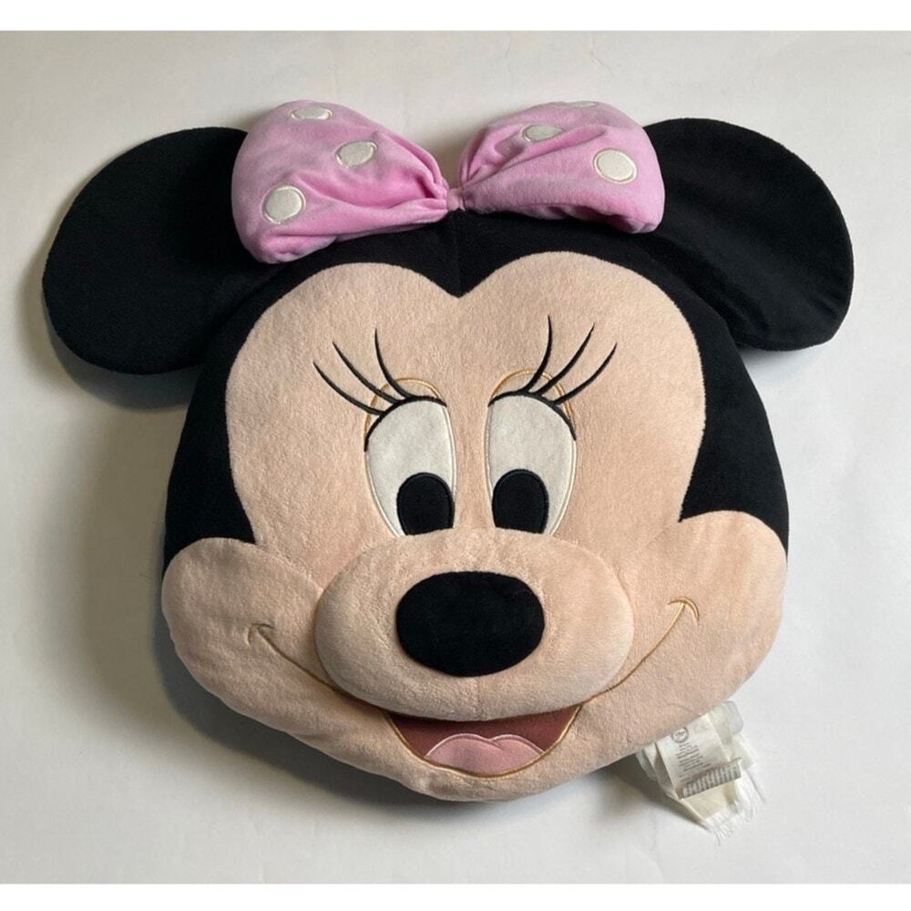 Disney Store Large Minnie Mouse Head Face Pillow Soft Plush Pink Bow